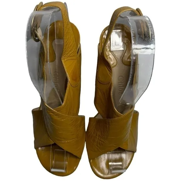 Chloe Women’s 6 Mustard Yellow Patent Criss Cross Leather Block Slingback Heels