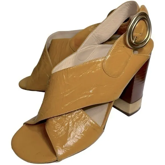 Chloe Women’s 6 Mustard Yellow Patent Criss Cross Leather Block Slingback Heels