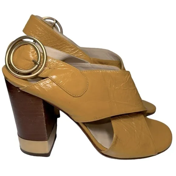 Chloe Women’s 6 Mustard Yellow Patent Criss Cross Leather Block Slingback Heels