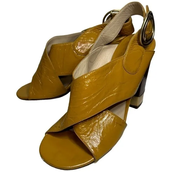 Chloe Women’s 6 Mustard Yellow Patent Criss Cross Leather Block Slingback Heels