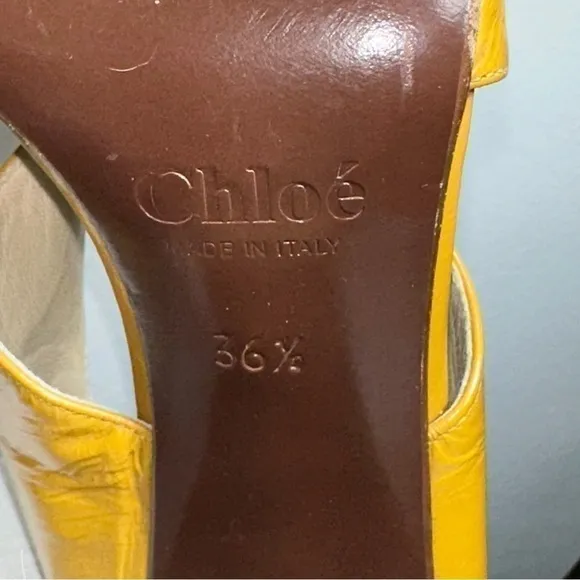 Chloe Women’s 6 Mustard Yellow Patent Criss Cross Leather Block Slingback Heels