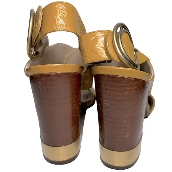 Chloe Women’s 6 Mustard Yellow Patent Criss Cross Leather Block Slingback Heels