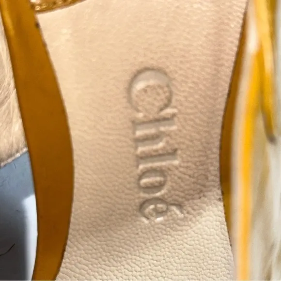 Chloe Women’s 6 Mustard Yellow Patent Criss Cross Leather Block Slingback Heels