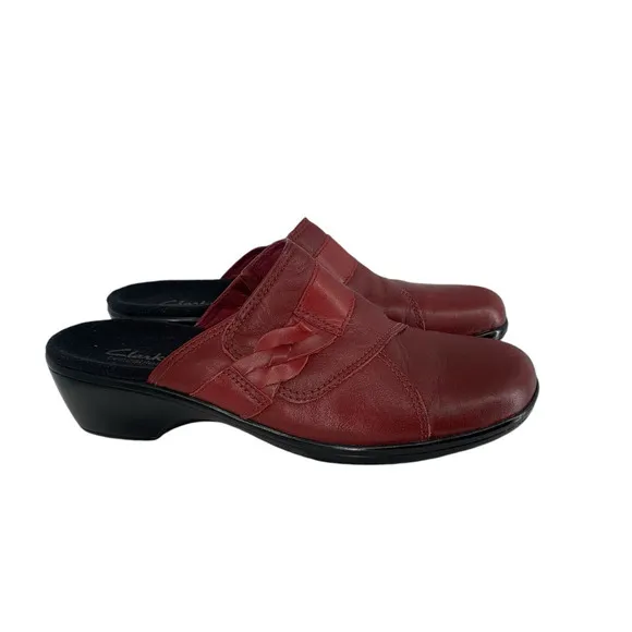 Clarks May Rosebud Slip On Clog Leather Burguny Red Size 8M Comfort Lagenlook