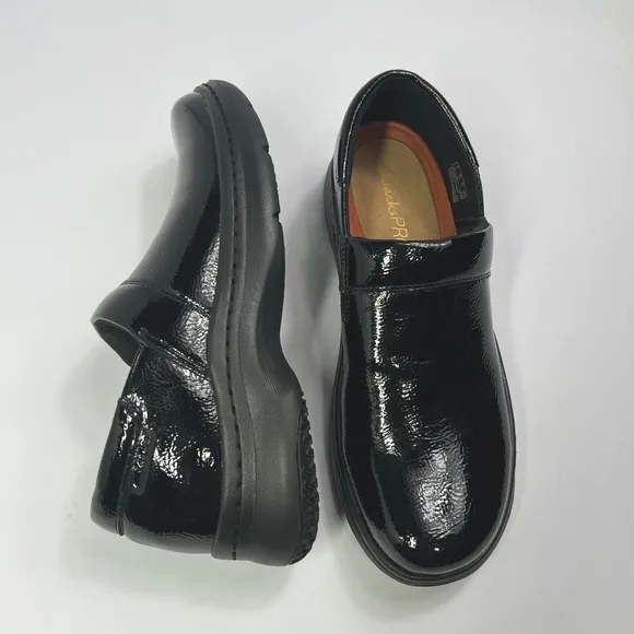 Clarks Slip On Clogs Comfort Work Shoes Patent Leather Black Size 9.5 Casul