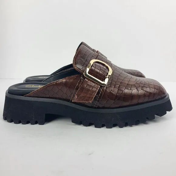 CLARKS STAYSO FREE BROWN CROC SLIDES MULES SHOES LEATHER 7.5 M