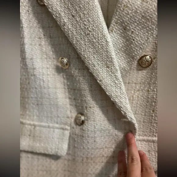 Classic Plaid Tweed Double Breasted White Blazer Jacket Long Sleeve