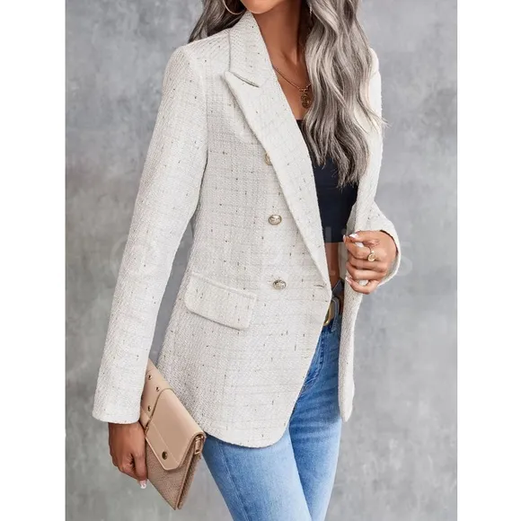 Classic Plaid Tweed Double Breasted White Blazer Jacket Long Sleeve