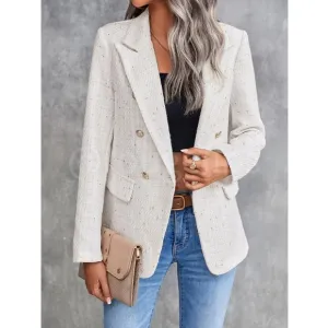 Classic Plaid Tweed Double Breasted White Blazer Jacket Long Sleeve