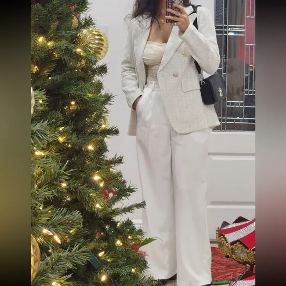 Classic Plaid Tweed Double Breasted White Blazer Jacket Long Sleeve