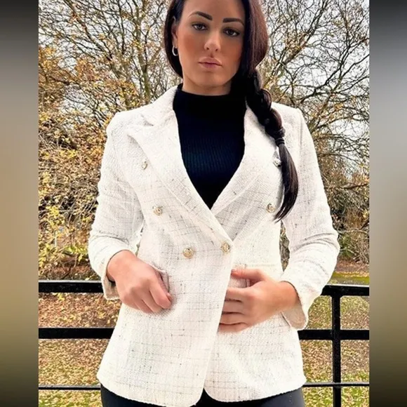 Classic Plaid Tweed Double Breasted White Blazer Jacket Long Sleeve