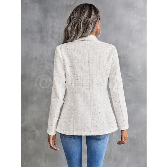 Classic Plaid Tweed Double Breasted White Blazer Jacket Long Sleeve