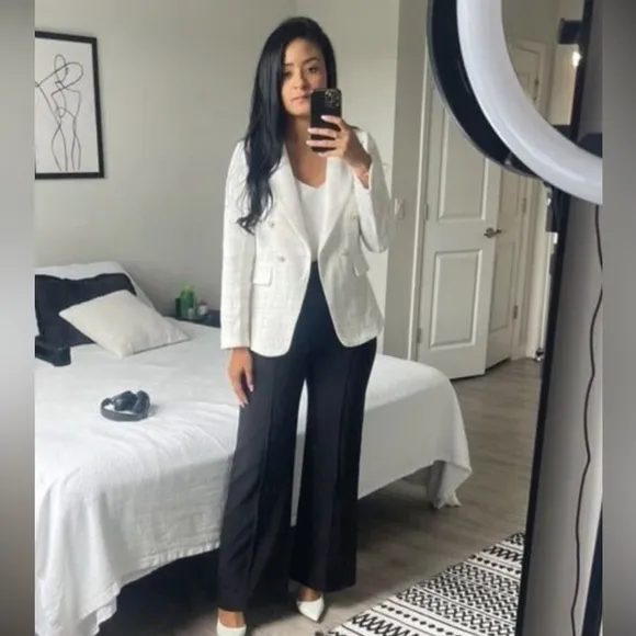 Classic Plaid Tweed Double Breasted White Blazer Jacket Long Sleeve