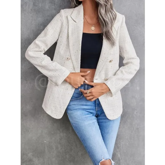 Classic Plaid Tweed Double Breasted White Blazer Jacket Long Sleeve
