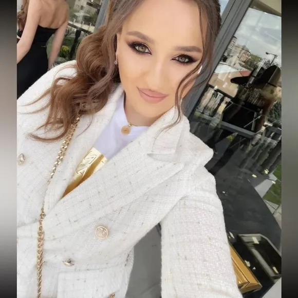 Classic Plaid Tweed Double Breasted White Blazer Jacket Long Sleeve