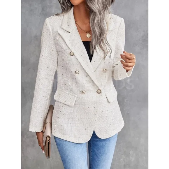 Classic Plaid Tweed Double Breasted White Blazer Jacket Long Sleeve