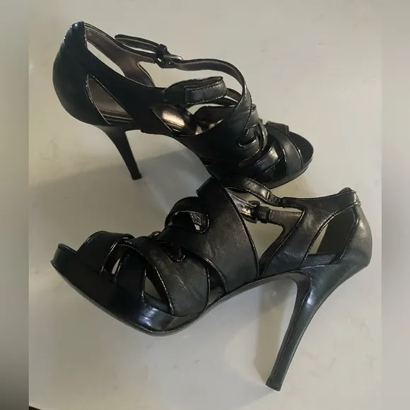 Coach Aenya Strappy Stiletto Heels Platform Black Leather Open Toe Heels 6.5B