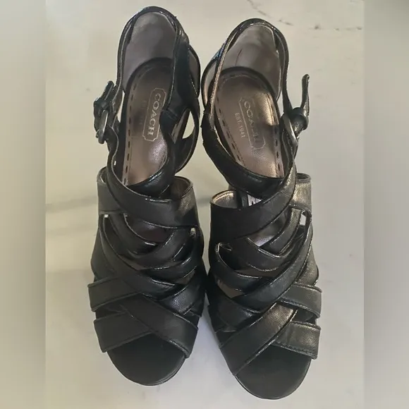 Coach Aenya Strappy Stiletto Heels Platform Black Leather Open Toe Heels 6.5B