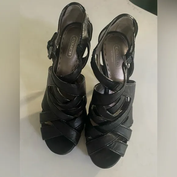 Coach Aenya Strappy Stiletto Heels Platform Black Leather Open Toe Heels 6.5B