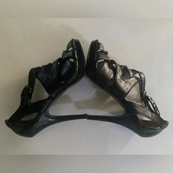 Coach Aenya Strappy Stiletto Heels Platform Black Leather Open Toe Heels 6.5B