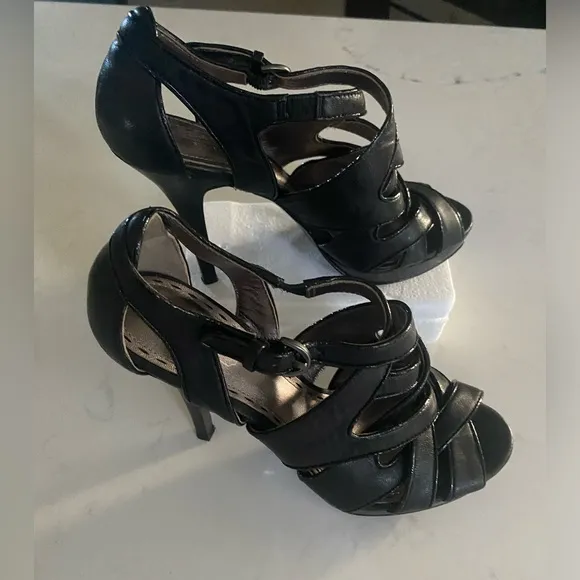 Coach Aenya Strappy Stiletto Heels Platform Black Leather Open Toe Heels 6.5B