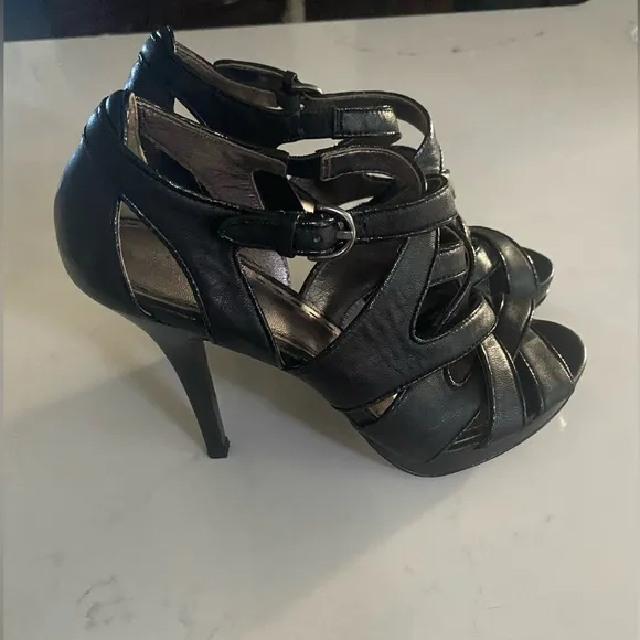 Coach Aenya Strappy Stiletto Heels Platform Black Leather Open Toe Heels 6.5B