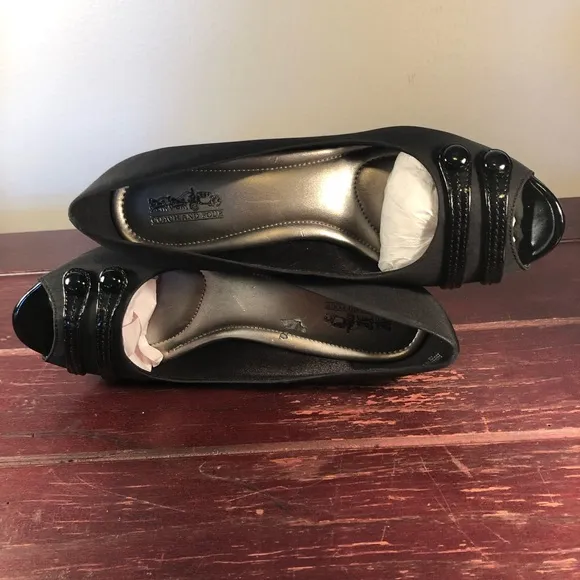 Coach Black Open Toe 3&quot; Heels Black Patent Straps Size 10