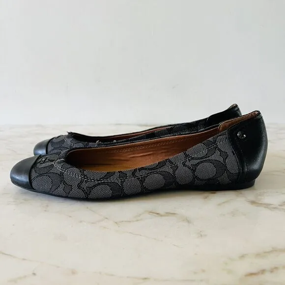 COACH Chelsea Black Gray Signature Canvas Logo Print Ballerina Flats - US 8.5