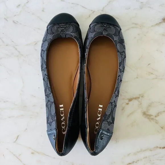 COACH Chelsea Black Gray Signature Canvas Logo Print Ballerina Flats - US 8.5