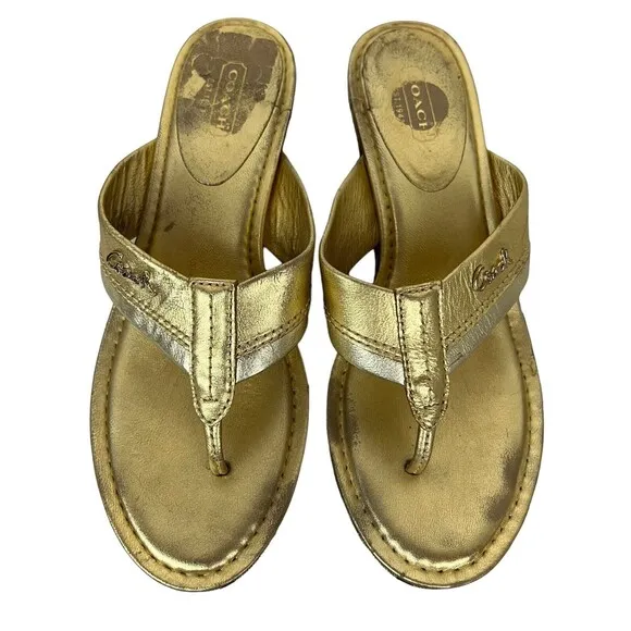 Coach Jody Sandals Women's 7.5  Gold Leather w Signature Wedge Platform Slides