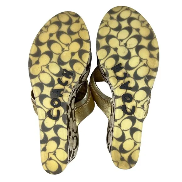 Coach Jody Sandals Women's 7.5  Gold Leather w Signature Wedge Platform Slides