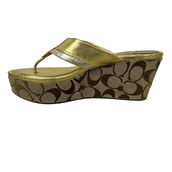 Coach Jody Sandals Women's 7.5  Gold Leather w Signature Wedge Platform Slides