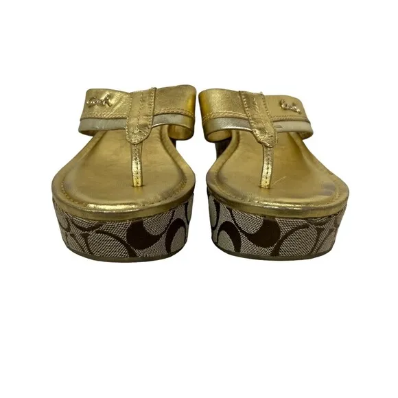 Coach Jody Sandals Women's 7.5  Gold Leather w Signature Wedge Platform Slides