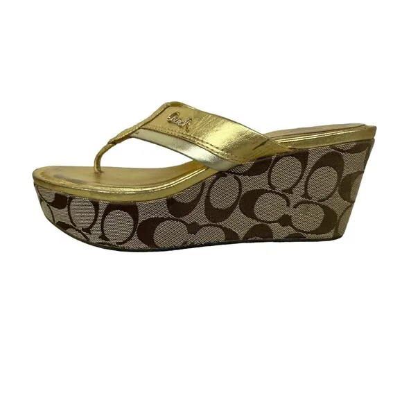 Coach Jody Sandals Women's 7.5  Gold Leather w Signature Wedge Platform Slides