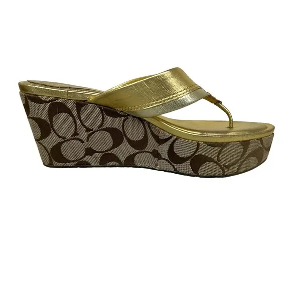 Coach Jody Sandals Women's 7.5  Gold Leather w Signature Wedge Platform Slides