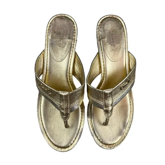 Coach Jody Sandals Women's 7.5  Gold Leather w Signature Wedge Platform Slides