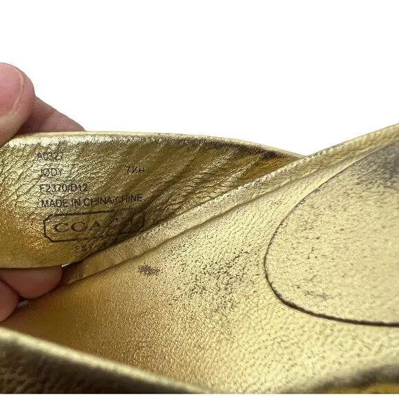 Coach Jody Sandals Women's 7.5  Gold Leather w Signature Wedge Platform Slides