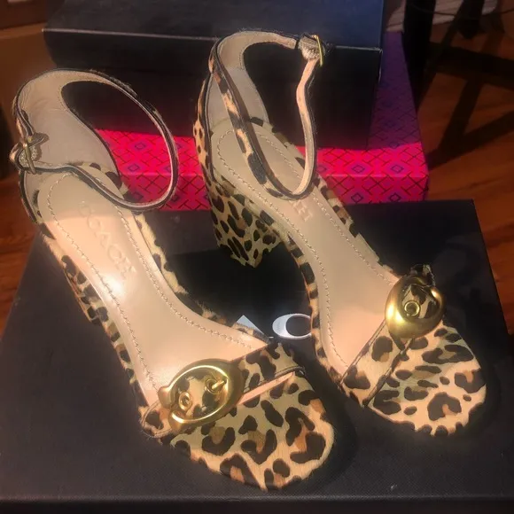 Coach leopard print block heel sandals