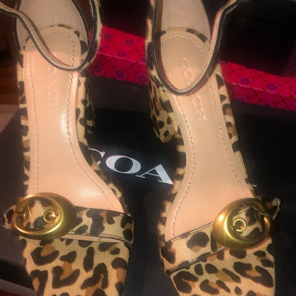 Coach leopard print block heel sandals