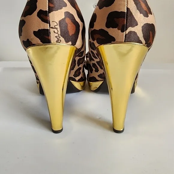 Coach Leopard Print Satin Peep Toe Gold Heels        Size 6.5B