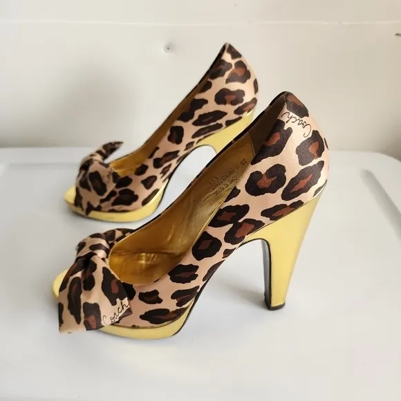 Coach Leopard Print Satin Peep Toe Gold Heels        Size 6.5B