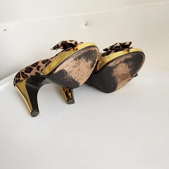 Coach Leopard Print Satin Peep Toe Gold Heels        Size 6.5B