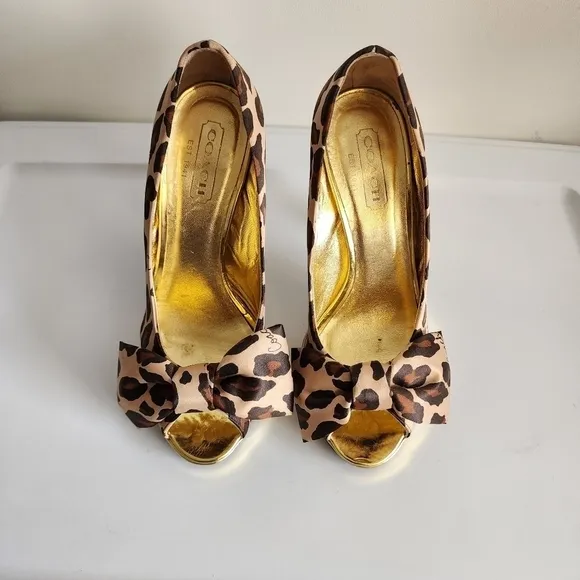 Coach Leopard Print Satin Peep Toe Gold Heels        Size 6.5B