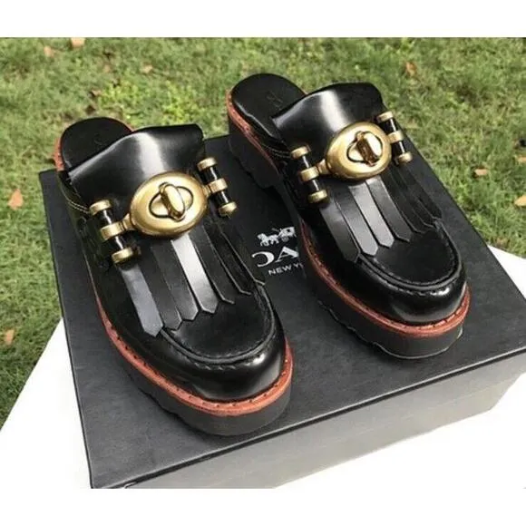 COACH Turnlock Creeper Slides Mules Mule Lug sole Chunky Shoes Black Turn Lock 6