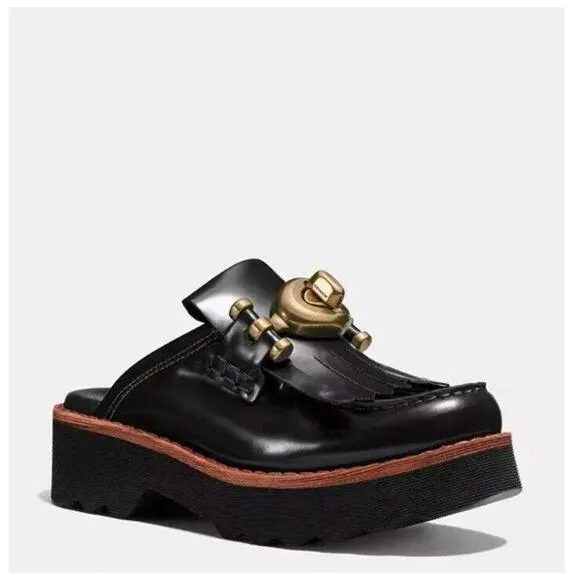 COACH Turnlock Creeper Slides Mules Mule Lug sole Chunky Shoes Black Turn Lock 6