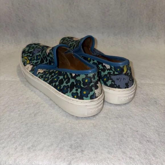 Coach Womens Cameron Slip On Shoe Size 8B Blue Poppy Print Canvas Sneaker
