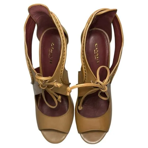Coach Women’s Size 6 Ginger Tan Leather Loise New Calf Lace Front Open Toe Heels