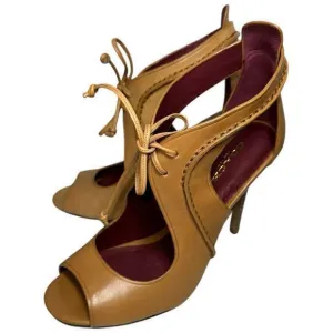 Coach Women’s Size 6 Ginger Tan Leather Loise New Calf Lace Front Open Toe Heels