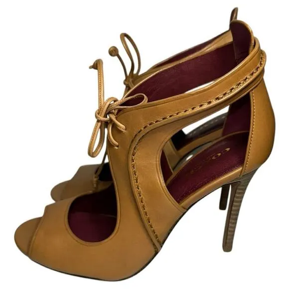 Coach Women’s Size 6 Ginger Tan Leather Loise New Calf Lace Front Open Toe Heels
