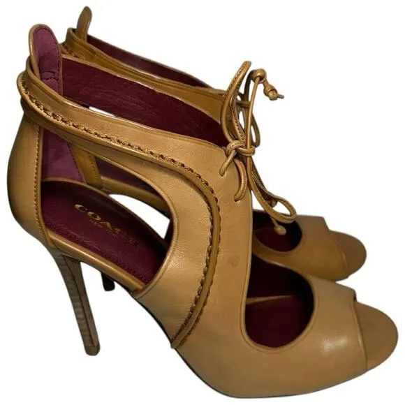 Coach Women’s Size 6 Ginger Tan Leather Loise New Calf Lace Front Open Toe Heels
